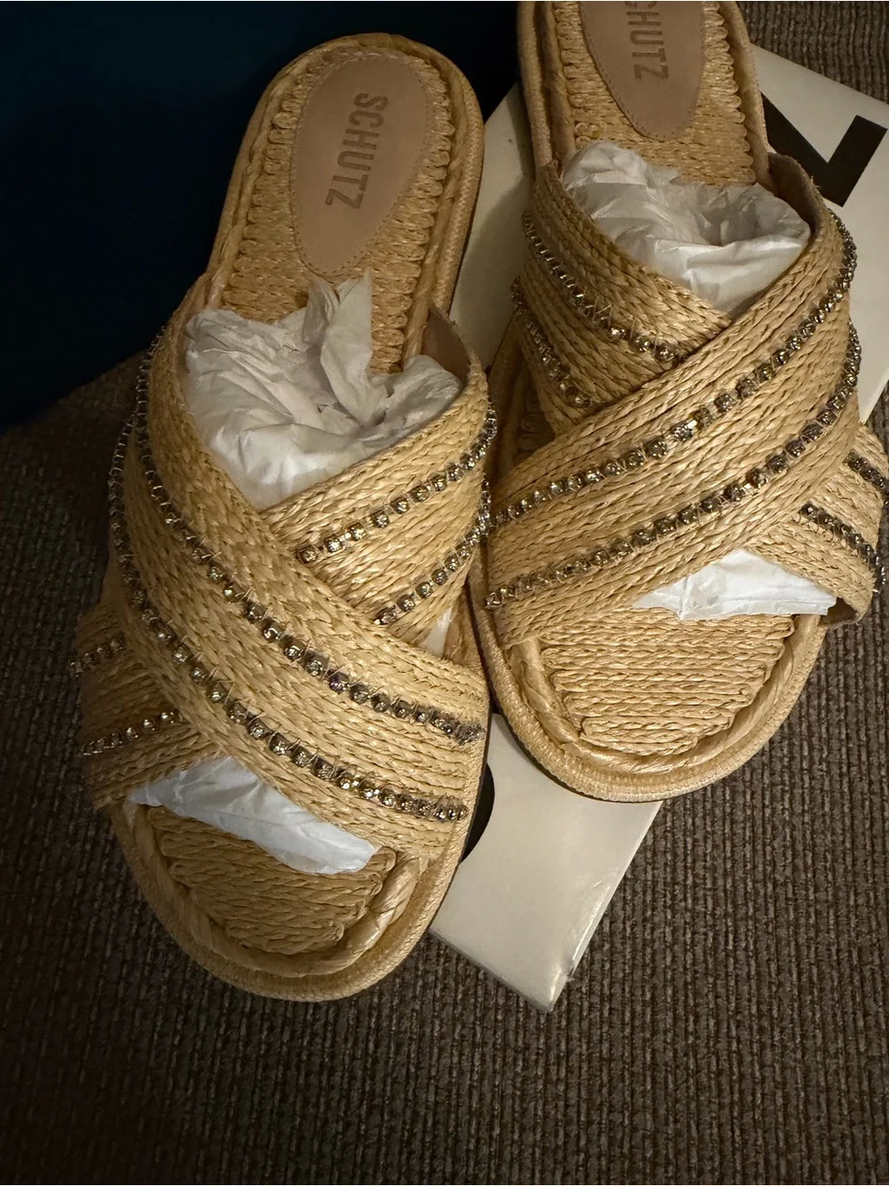 New! SCHUTZ Yellow Raffia Crisscross Slide Sandals with Rhinestone Trim